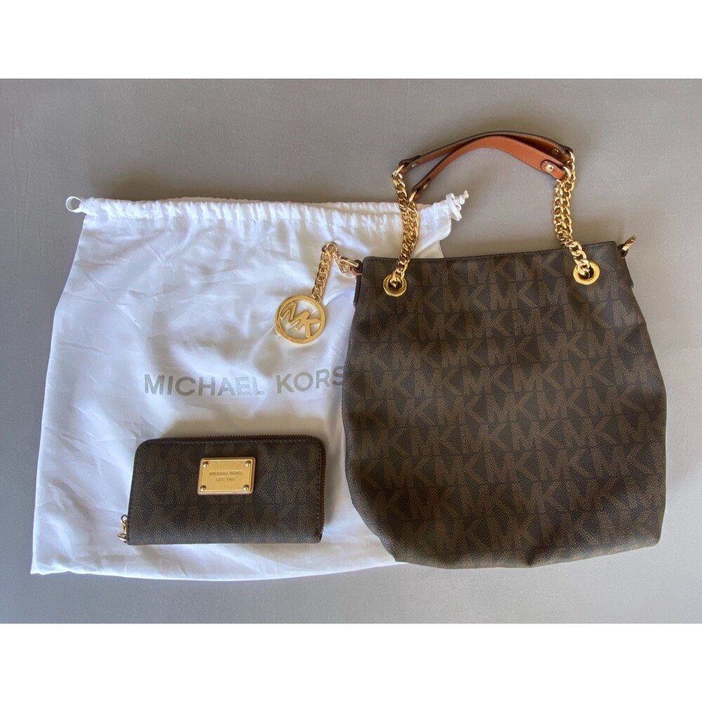 Michael Kors Signature Logo Purse & Matching Zip Around Wallet Set